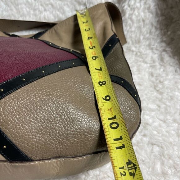 A.Bellucci leather khaki,taupe,burgundy &black stripes shoulder bag studs accent - Picture 9 of 16